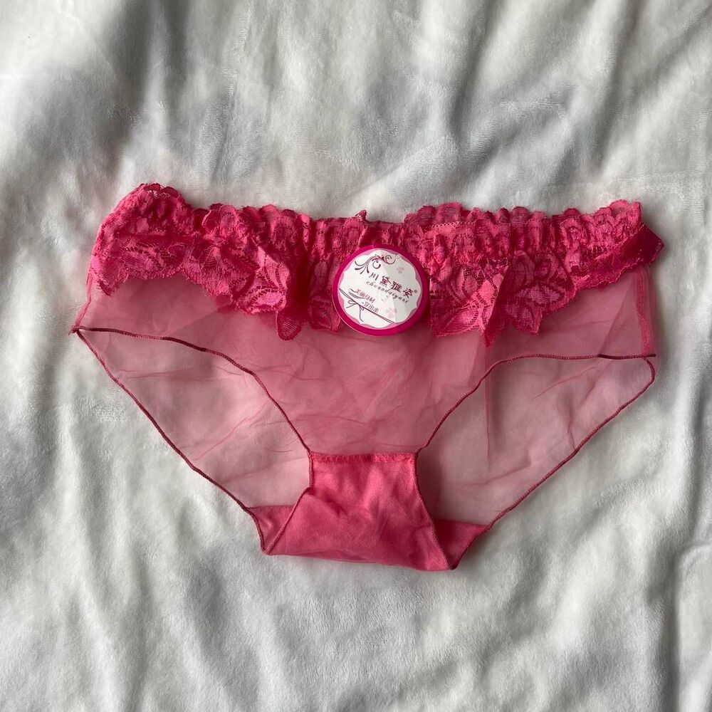vintage y2k coquette girly mesh sheer pink panties lace ruffle trim one size